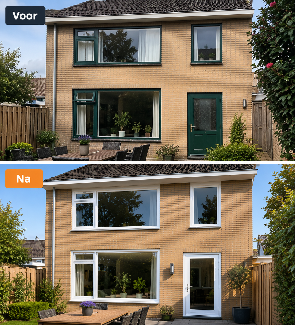 Voor en na plaatsing van nieuwe witte kozijnen